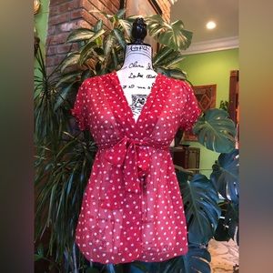 NWT MAX STUDIO Sheer Red Polka Dot Blouse with Tie Front
